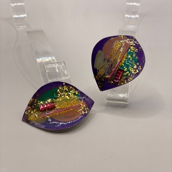 Vintage 1980’s Enamel, Glitter, and textured Earrings Clip-ons - Picture 7 of 10
